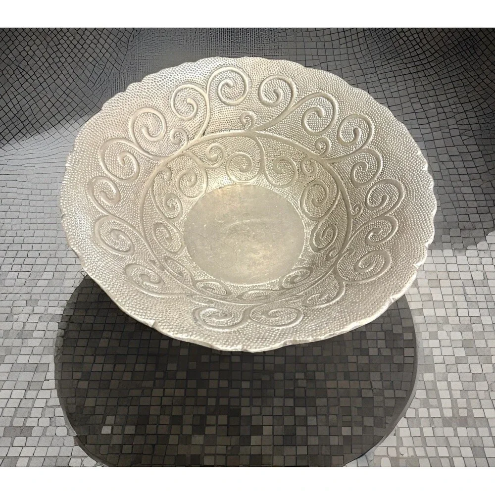 Hand Hammered METAL SERVING BOWL SWIRLING DESIGN INDIA CATERING LARGE  12